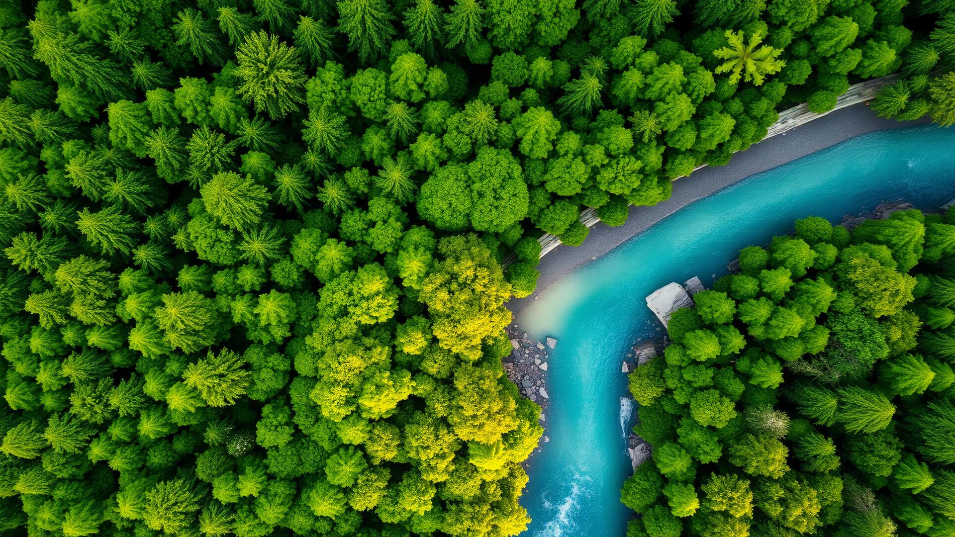 Vista aérea de un bosque verde con río